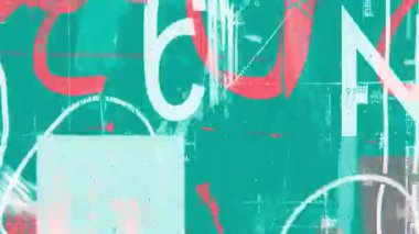 Teal ve kırmızı grunge kolajı kaotik karalamalar, boya vuruşları, sıkıntılı karışık medya katmanları, soyut karalama işaretleri, retro analog doku animasyonu