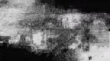Yüksek kontrast yarım ton arıza dokusu, tek renkli nokta deseni, yatay tarama çizgileri, analog bozulma, siyah ve beyaz grunge parazit yüzeyi