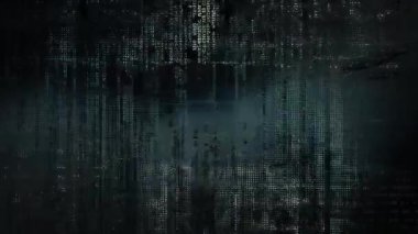 Koyu dijital ızgara bozulması, matris kod dokusu, dikey gürültü sütunları, siber veri paraziti, soyut teknoloji arızası