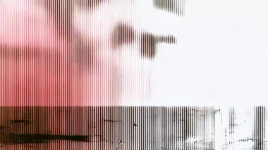 Dikey çizgi bozulması, kırmızı ve beyaz soyut arkaplan, tarama çizgisi dokusu, yarım ton desenli dijital parazit