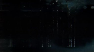 Karanlık şehir ışığı yansımaları arıza dokusu, gece dijital paraziti arka plan, dikey veri çizgileri, siber analog ses örtüsü