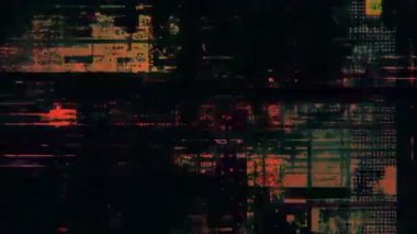 Kırmızı turuncu veri parçaları, yatay çarpıtma hatları, dijital parazit gürültüsü, soyut teknoloji şebekesi dokusu, gelecekteki bozuk sinyal örtüsü