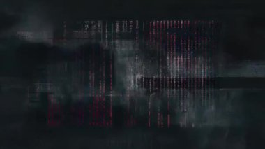Derin karanlık arkaplan, ince kırmızı dikey gürültü, bozuk ekran dokusu, dijital parazit deseni, siber teknoloji çarpıtma örtüsü, soyut matris hasar sinyali