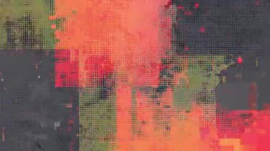 Turuncu kırmızı pikselli bozulma arka planı, dijital mozaik bozulmalı parlak kare kare matris, soyut sıcak veri engelleme şablonu, grunge teknolojik şebeke örtüsü, parçalanmış blok yüzeyi, modern siber statik zemin