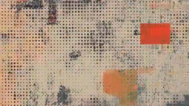 Turuncu kare bloklu yarım ton nokta ızgarası, sıkıntılı kağıt dokusu, analog baskı hasarı, endüstriyel grunge desenli arka plan