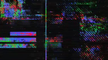 Kromatik ayrışma, yatay sinyal yırtılması, neon dijital parazit, kırık ekran çizgileri, siber punk çarpıtma dokusu olan RGB çubukları