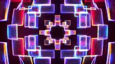 Neon geometrik kare ızgara kaleydoskop katmanlı parlayan dikdörtgenler, siber simetri arka planı, canlı pembe mavi ışık çerçeveleri, fütüristik dijital şablon, VJ döngü soyut tekno görsel görsel