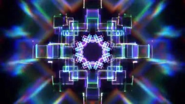 Katmanlı yarı saydam panelleri olan Cyan holografik küp mandala, simetrik parlayan geometri, dijital siber kafes yapısı, prizmatik ışık kırılması, gelecekçi kaleydoskopik VJ döngü animasyonu
