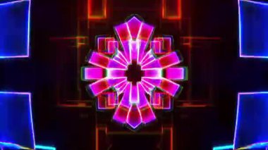 Kristal merkezli parlak pembe neon radyal yıldız, simetrik siber mandala geometrisi, elektrik mavi çerçeve aksanı, parlayan dijital çapraz desen, yüksek kontrast kaleydoskop VJ döngüsü