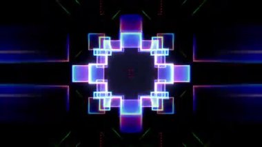 Kromatik sapma, aynalı geometrik çekirdek, siber punk dijital mandala deseni, parlayan ışık kenarları, VHS çarpıtma etkisi, fütüristik soyut VJ döngü arka planı