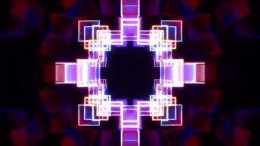 Parlak beyaz geometrik simetri, koyu mavi çekirdek etrafında dönen aydınlık kare çerçeveler, dijital küp ızgara kaleydoskop, fütüristik neon mimari, soyut teknoloji mandala, parlak şeffaf yapı arka plan döngüsü