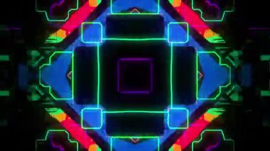 Minimum neon geometrik kare çekirdek, mavi parlak çerçevenin içinde parlayan kırmızı merkez, simetrik siber ızgara, dijital tekno titreşim animasyonu, gelecekteki soyut VJ döngü arka planı