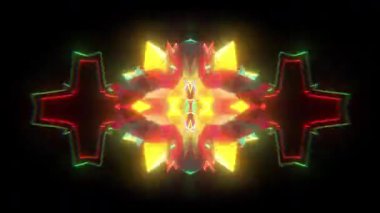 Yansıyan çapraz şekilli parlak neon mandala yıldızı, canlı simetrik enerji patlaması, siyah arkaplandaki kaleydoskop VJ döngü animasyonu