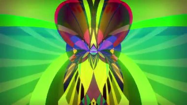 Katmanlı renkli kanatlara sahip parlak yeşil radyal kelebek simetrisi, aynalı organik şekiller, psikedelik soyut mandala VJ döngü animasyonu