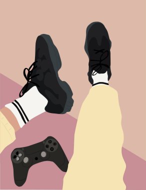 Spor ayakkabılar, joystick ve beyaz çoraplar. Modern eğlence için. Moda vektör illüstrasyonu
