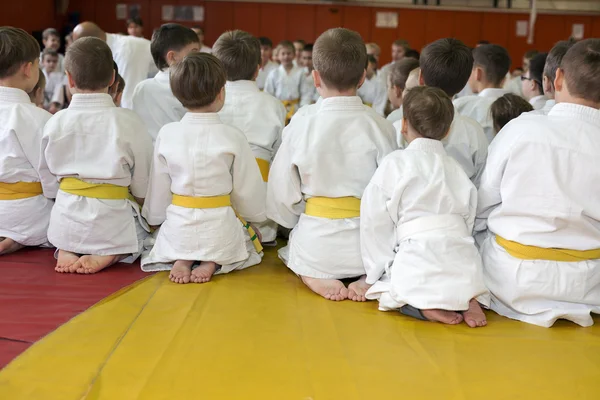 Dzieci w kimono siedzi na tatami na seminarium sztuk walki — Zdjęcie stockowe