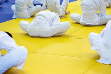 Tatami dövüş sanatları eğitimi seminer üzerinde ısınma kimono insanlarda