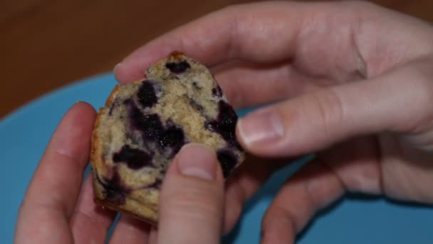 Manos de una mujer degustando magdalenas caseras con arándanos — Vídeo de stock