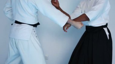 İki erkek, siyah hakama Aikido dövüş sanatları eğitimi uygulama.