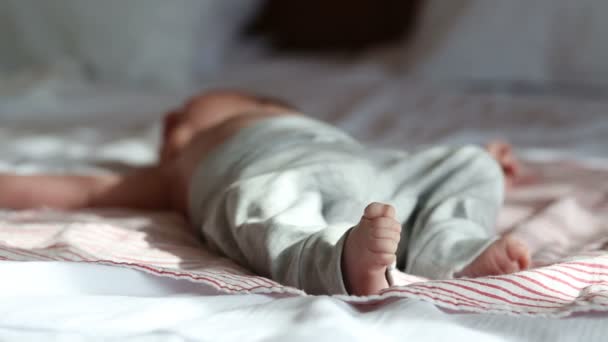 Новорожденный ребенок лежит на кровати — стоковое видео