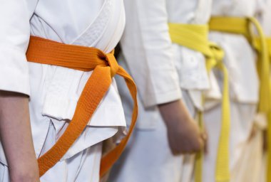 Kimono sitanding bir çizgi dövüş sanatları sınıf üzerinde çocuklarda