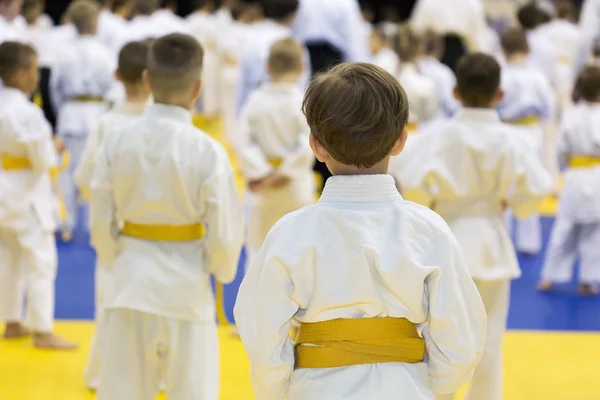 Dzieci w kimono siedzi na tatami na seminarium sztuk walki — Zdjęcie stockowe