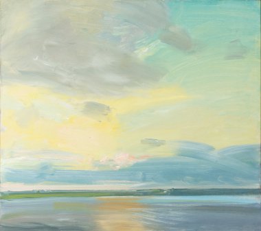 Yağlı boya bir günbatımı bir göl üzerinde