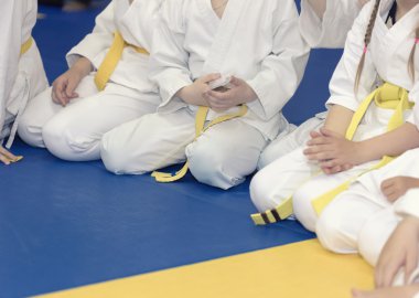 Kimono tatami dövüş sanatları eğitimi seminer üzerinde oturan çocuklarda grup