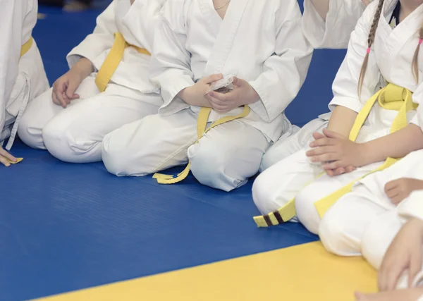 Grupo de crianças em quimono sentado em tatami no seminário de treinamento de artes marciais — Fotografia de Stock