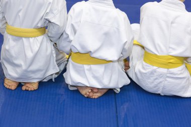 Kimono tatami dövüş sanatları eğitimi seminer üzerinde oturan çocuklarda grup