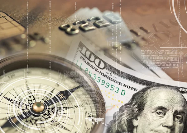 Collage con billetes de dólar de brújula y tarjeta de crédito —  Fotos de Stock