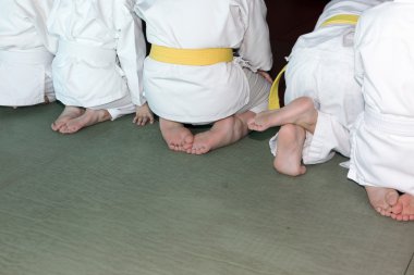 Kimono tatami dövüş sanatları eğitimi seminer üzerinde oturan çocuklarda grup