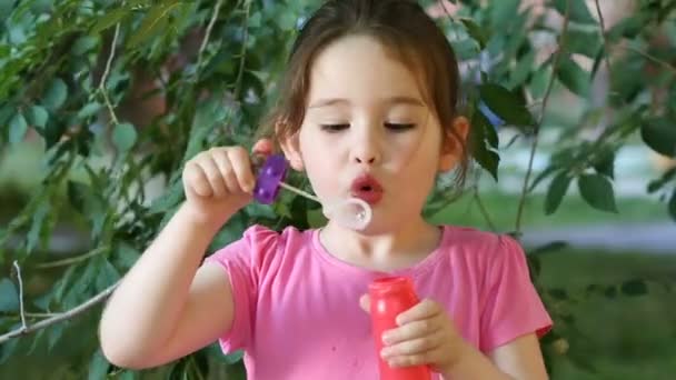 Happy child blowing soap bubbles in park — Stock Video