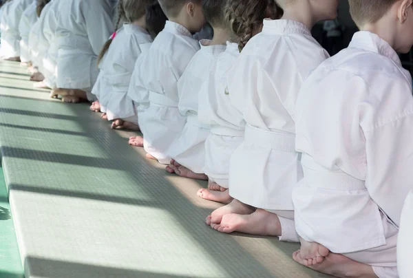 Grupa dzieci w kimono, siedząc na tatami na trening seminarium sztuk walki — Zdjęcie stockowe