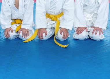 Kimonolu çocuklar tataminin üzerinde oturuyorlar.