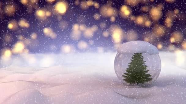 Snögloben med julgran inuti. 3D-återgivning animering av fallande snö — Stockvideo