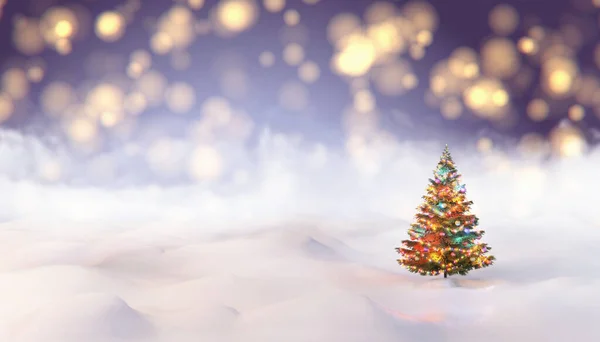 El globo de nieve con árbol de Navidad decorado con luces de Navidad en su interior. ilustración 3d — Foto de Stock
