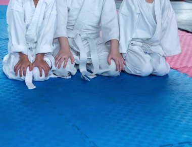 Kimonolu çocuklar tataminin üzerinde oturuyorlar.