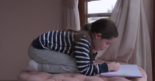 Seorang gadis kecil menggambar dengan pensil di rumah — Stok Video