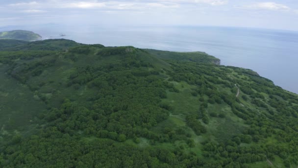 Cap Mayachny sur la péninsule du Kamchatka sur la côte pittoresque de la baie d'Avacha recouverte d'herbe verte dans l'océan Pacifique — Video