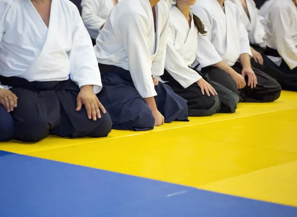 Pessoas em quimono sentadas em tatami no seminário de artes marciais — Fotografia de Stock