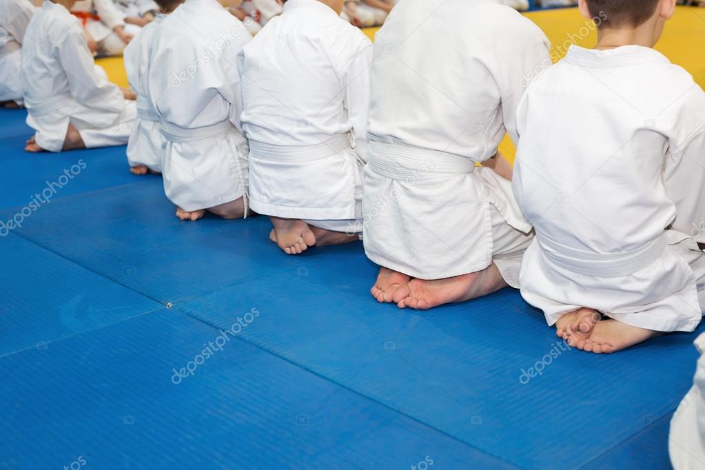 People in kimono sitting on tatami on martial arts seminar