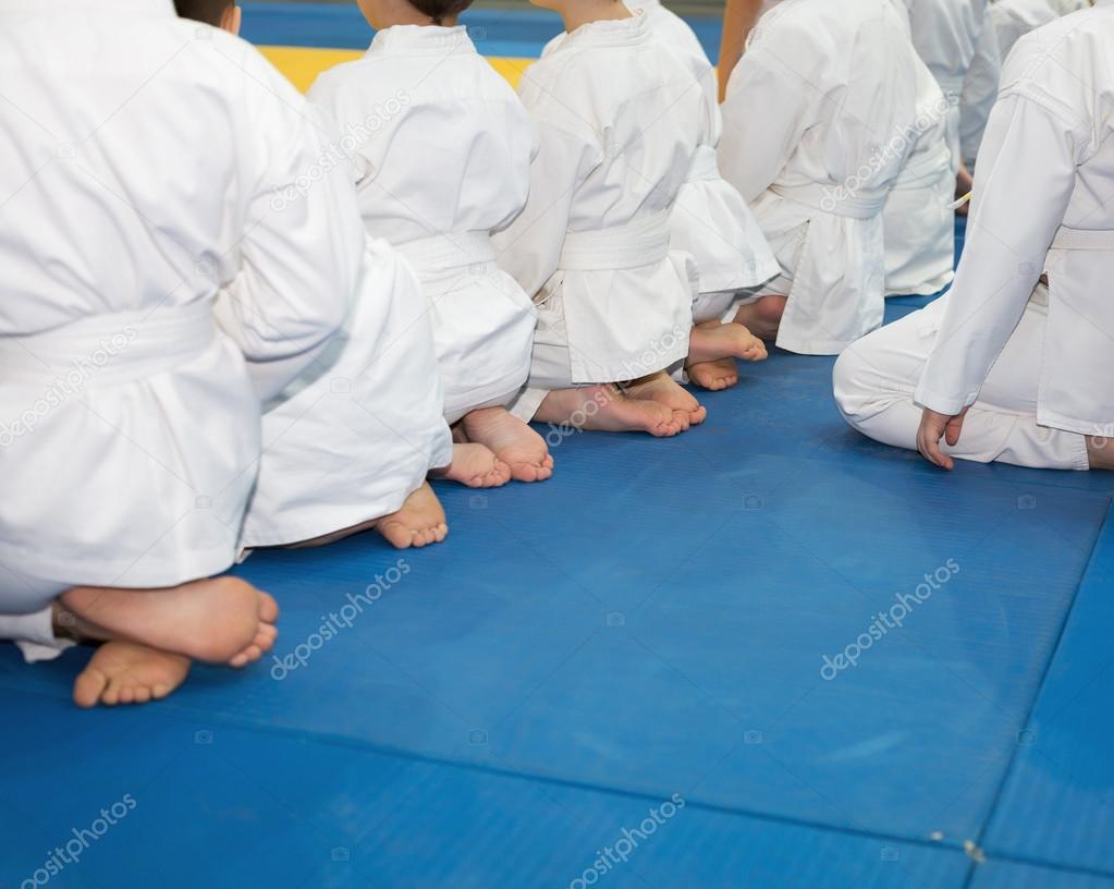 People in kimono sitting on tatami on martial arts seminar