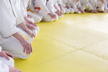 Kimono tatami dövüş sanatları seminer üzerinde oturan insanlar