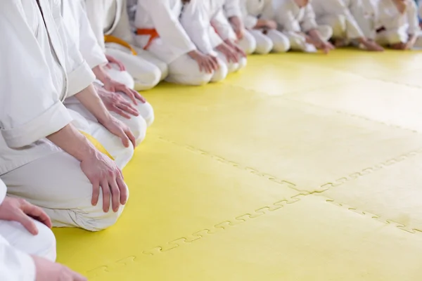 Gente en kimono sentada en tatami en un seminario de artes marciales —  Fotos de Stock