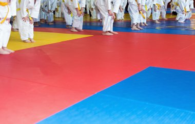 Tatami dövüş sanatları eğitimi üzerinde ısınma kimono çocuklarda