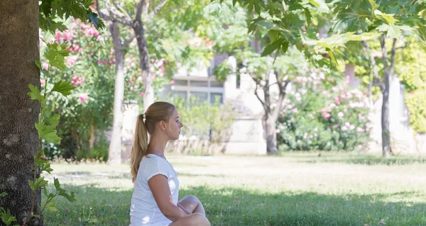 一个金发碧眼的年轻女子在公园做瑜伽 — 图库照片