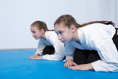 Two girls in hakama bow on Aikido training clipart