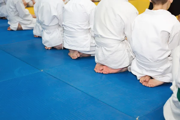 Děti v kimonu posezení na tatami na bojová umění seminář — Stock fotografie