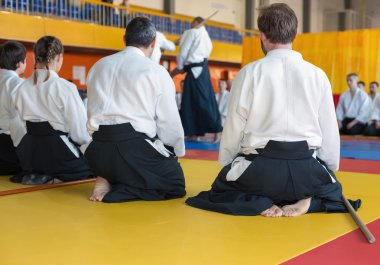 İnsanlar kimono ve tatami dövüş sanatları eğitimi üzerinde oturan hakama